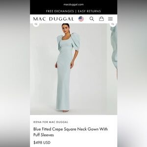 NWT Mac Duggal Blue Fitted Crepe Square Neck Gown With Puff Sleeves. Size 8.